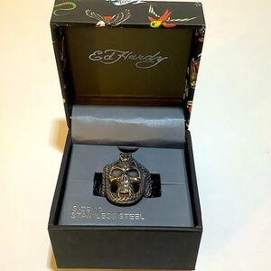 Ed Hardy Silver and Black Skull & Snake Ring Size 10 New